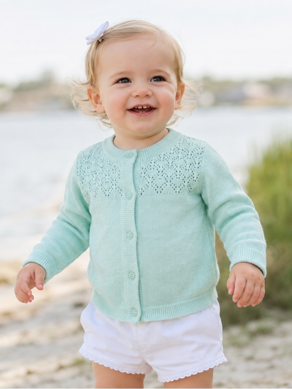 Cherokee Mint Green Pointelle Knit Baby Cardigan 100% Cotton Size 18 M